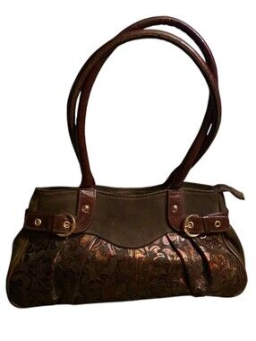Vtg Helle Comfort Suede Metallic Bronze Floral Embossed Shoulder Bag Spain EUC
